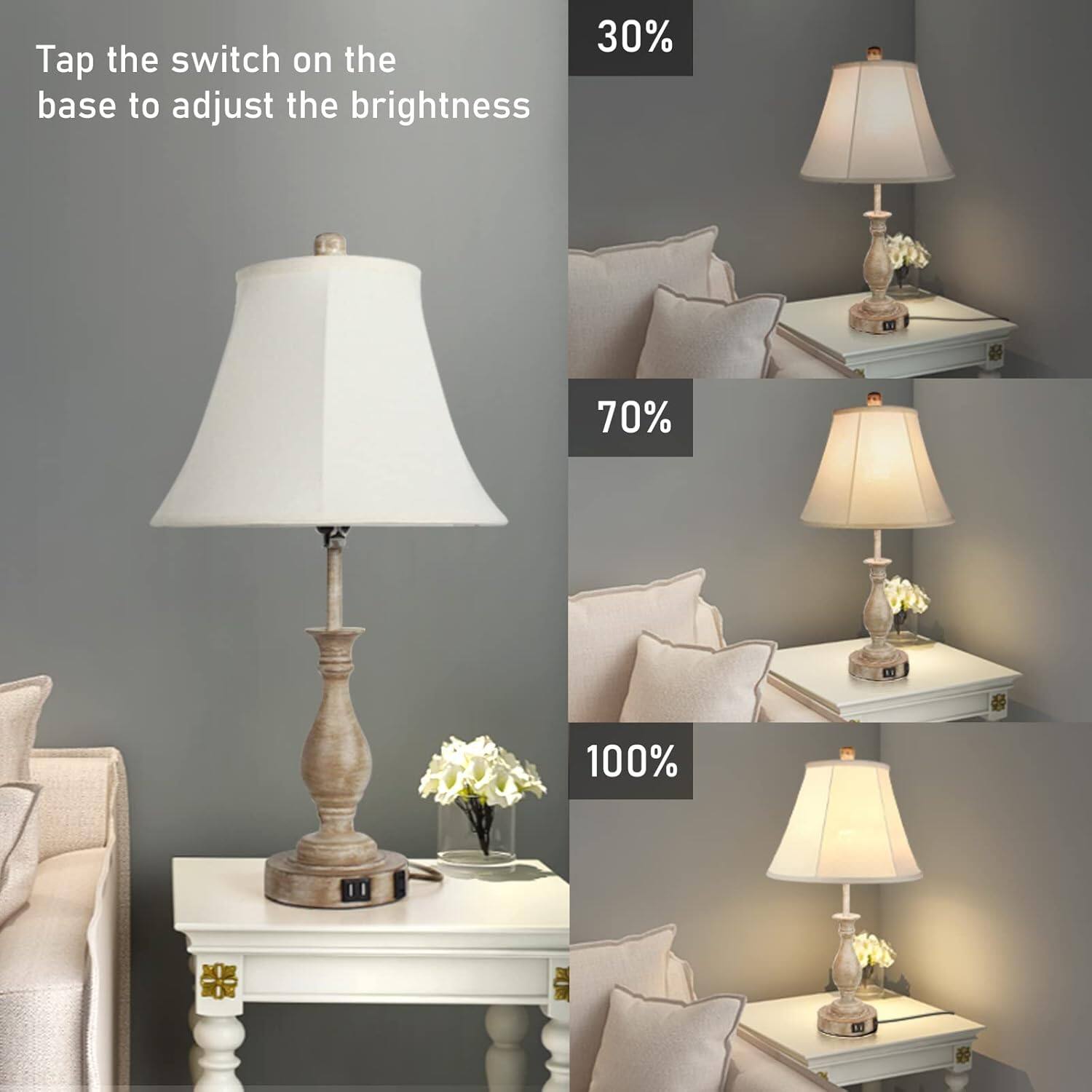 Tap the switch on the base to adjust the brightness

30%

70%

100%