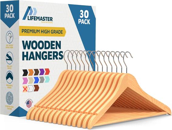 30 PACK 30 LIFEMASTER Elevate Your Everyday PACK PREMIUM HIGH GRADE SWIVEL 360 DEGREE HOOK WOODEN HANGERS NON-SLIP NOTCH ERGONOMIC DESIGN X SPLINTER-FREE COATING