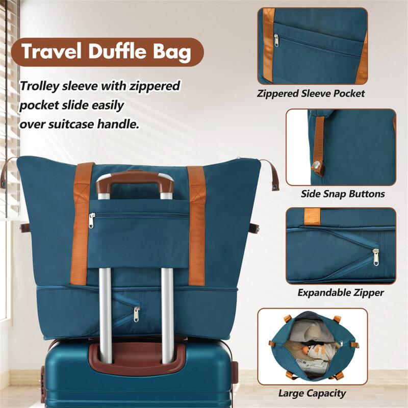 Travel Duffle Bag

Trolley sleeve with zippered pocket slide easily over suitcase handle.

- Zippered Sleeve Pocket
- Side Snap Buttons
- Expandable Zipper
- Large Capacity