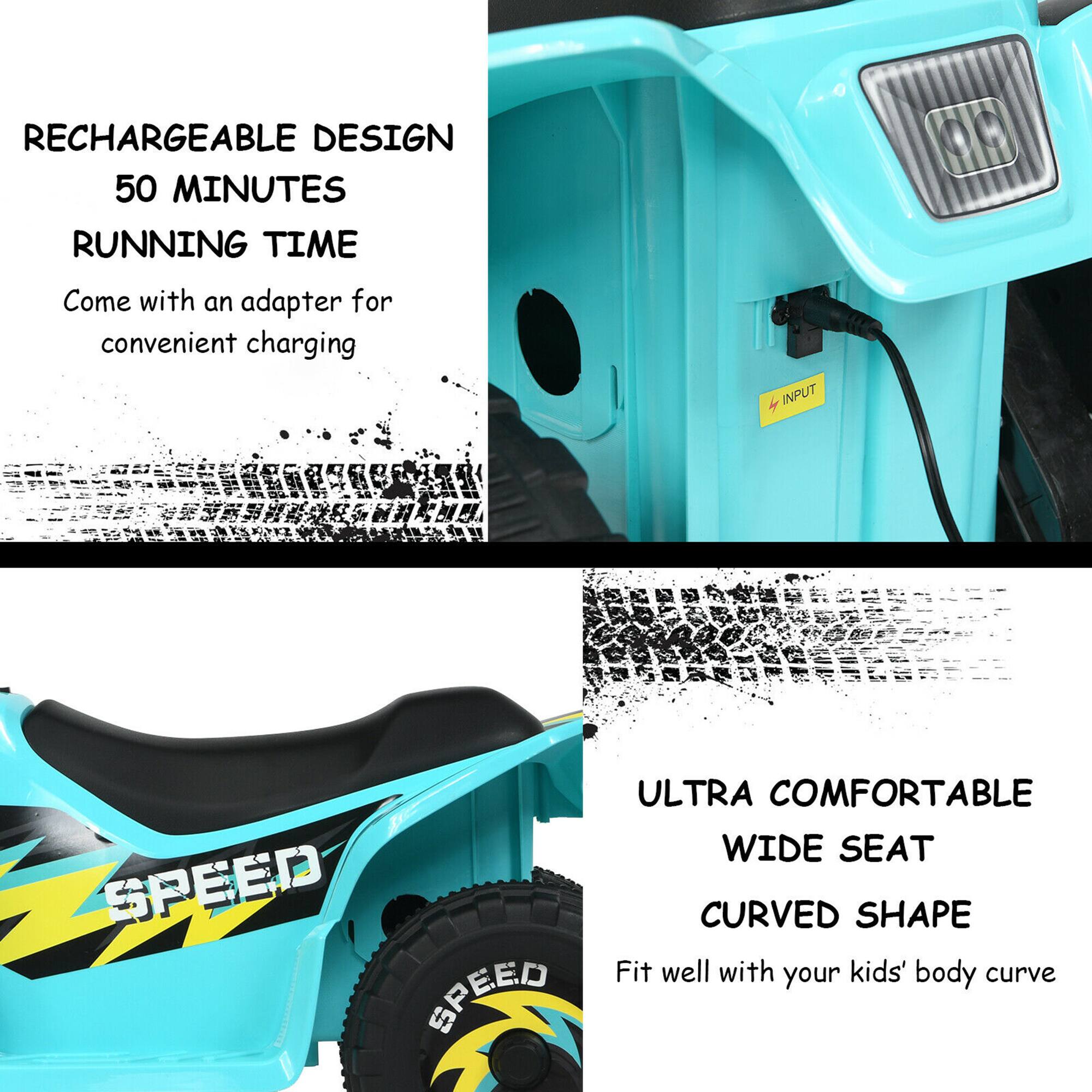 RECHARGEABLE DESIGN  
50 MINUTES RUNNING TIME  
Come with an adapter for convenient charging  

ULTRA COMFORTABLE WIDE SEAT  
CURVED SHAPE  
Fit well with your kids' body curve