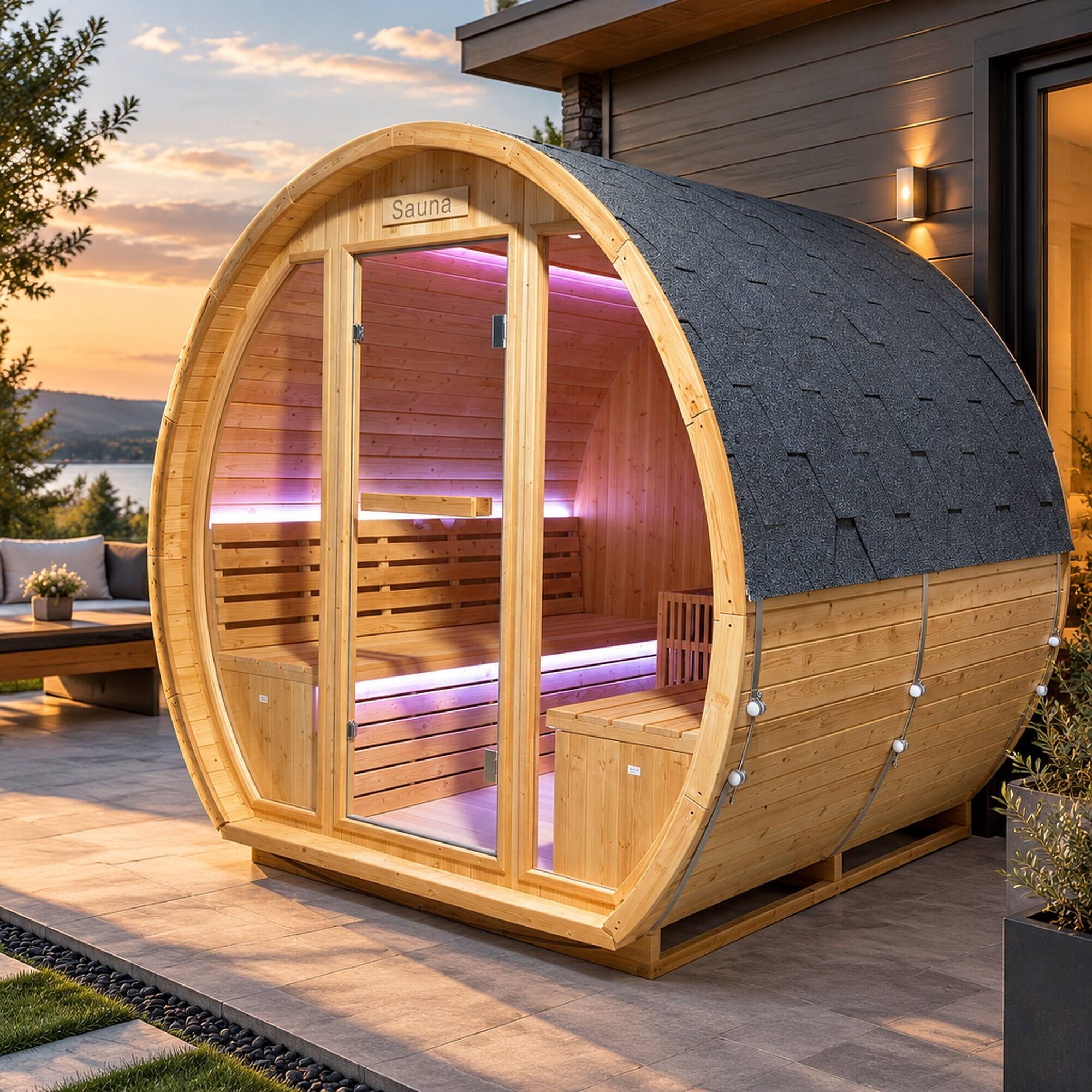 Angle. RYHNUYNE - 9000W Outdoor Sauna Room, 240V Carbonized Spruce, 4-6 Person, 203 cm, Metal Stove, LED Lights - Ameican White Oak.