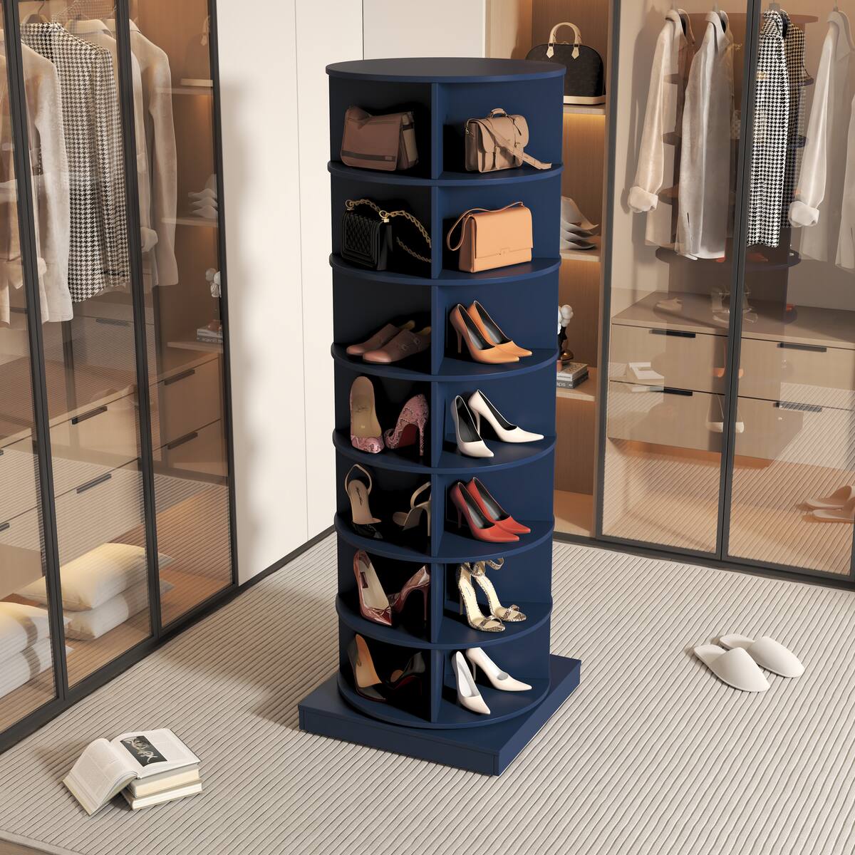 Angle. Spaco - Spaco 7-Layer 360 Rotating Shoe Cabinet,Space Saving Shoe Storage Organizer,Freestanding Shoe Rack for Entryway Bedroom - Navy Blue.