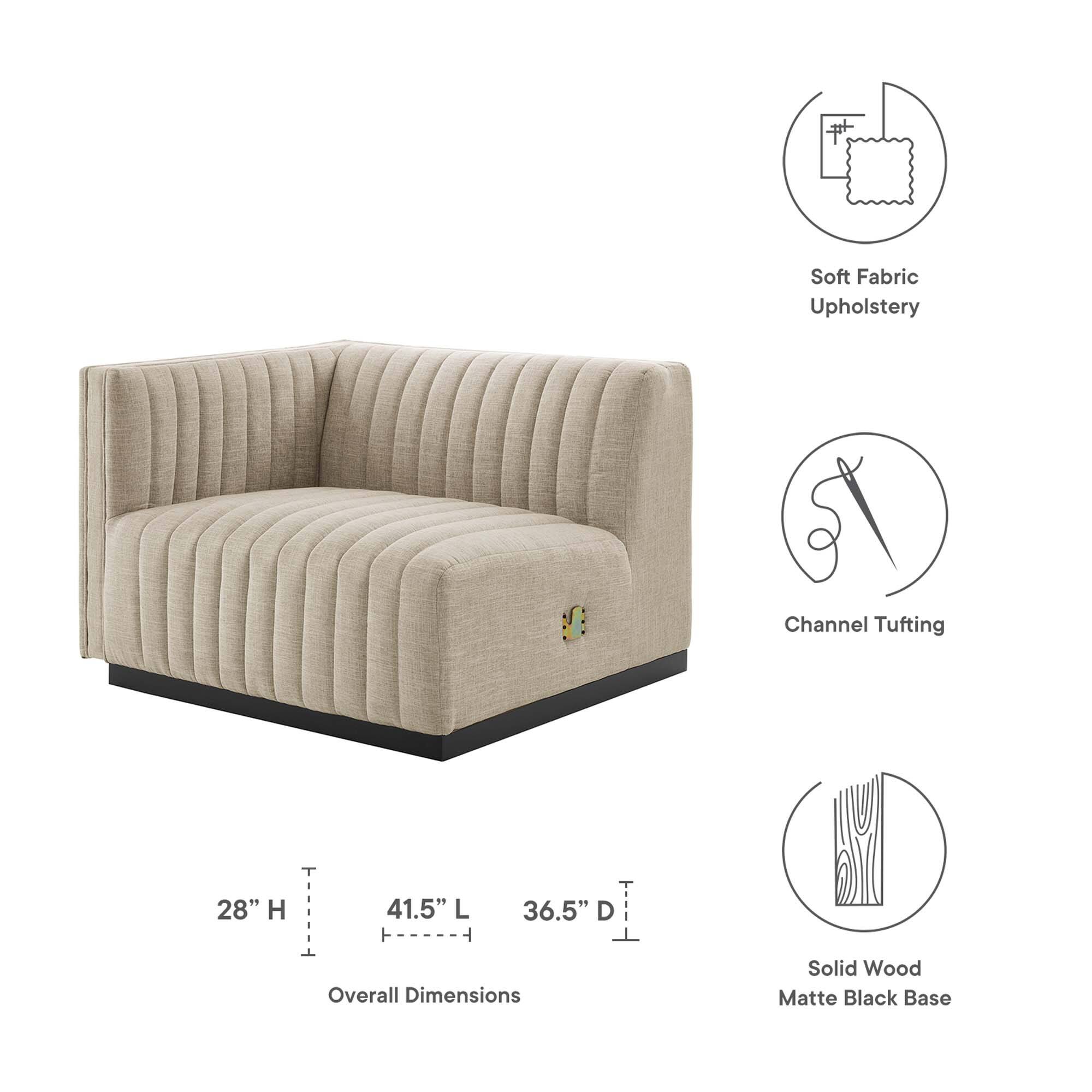 Soft Fabric Upholstery  
Channel Tufting  
28" H x 41.5" L x 36.5" D  
Overall Dimensions  
Solid Wood Matte Black Base