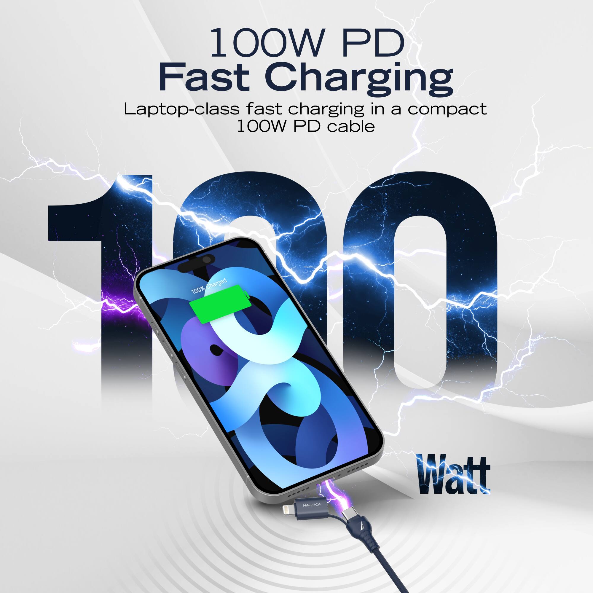 100W PD Fast Charging  
Laptop-class fast charging in a compact 100W PD cable  
100 Watt