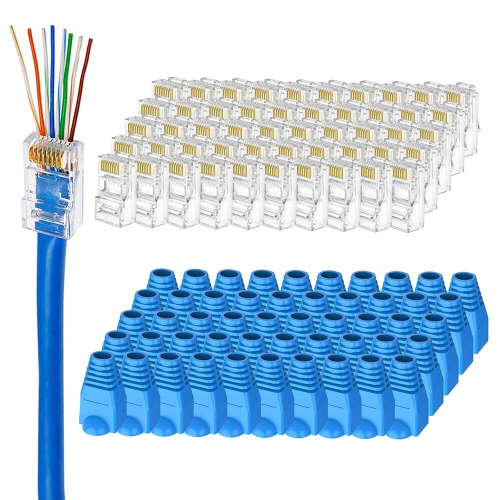 Front. ACJPR - Cat6 RJ45 Pass Through Connectors 50-Pack, Transparent, with Boots.