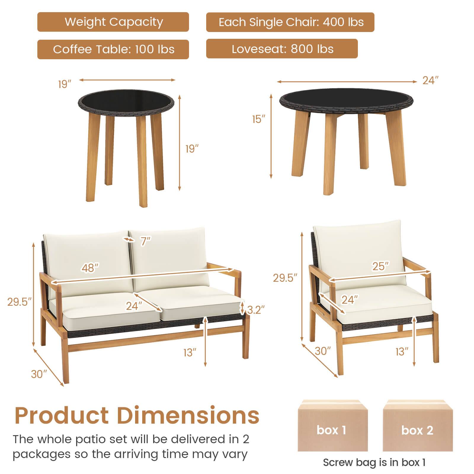 Weight Capacity: Each Single Chair: 400 lbs, Coffee Table: 100 lbs, Loveseat: 800 lbs

Product Dimensions: 19", 24", 15", 48", 29.5", 25", 3.2", 13", 30"

The whole patio set will be delivered in 2 packages so the arriving time may vary: box 1, box 2, Screw bag is in box 1