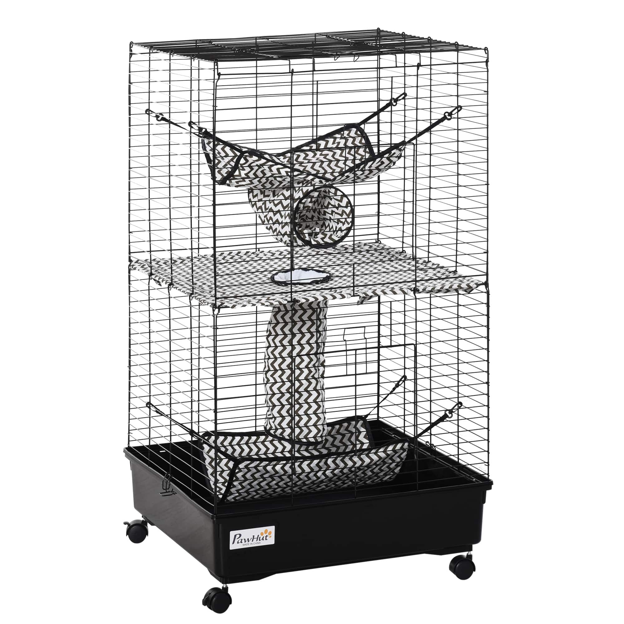 Pawhut - 42" Ferret Cage, Small Animal Habitat Metal Pet Cage with Wheels Brakes, Hammocks, Hanging Tunnels, 3 Doors