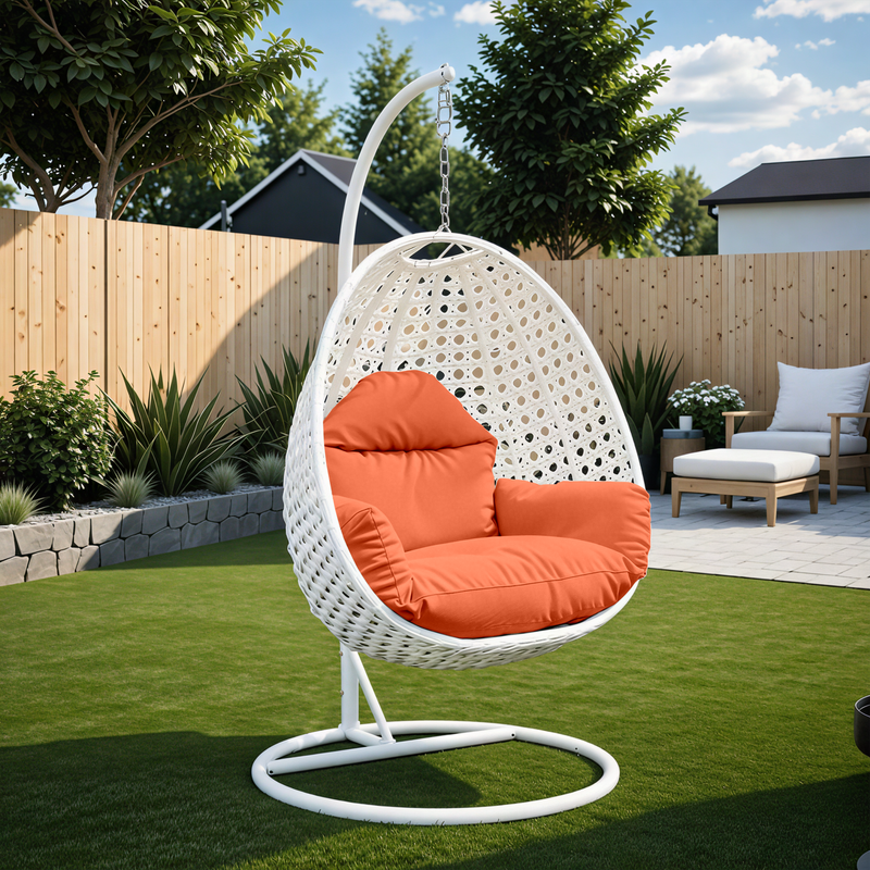 Angle. LeisureMod - LeisureMod Modern Handwoven White Wicker Egg Swing Chair with Stand - Single Hanging Indoor/Outdoor Chair for Patio - Orange.