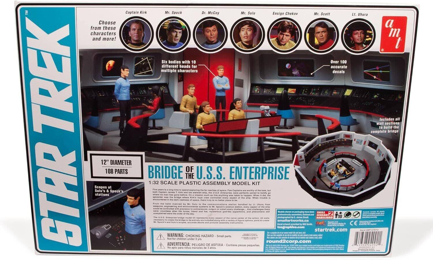 TM Captain Kirk Mr. Spock Dr. McCoy Mr. Sulu Ensign Chekov Mr. Scott Lt. Uhura Choose from these characters and more! Six bodies with 10 different heads for multiple characters decals Over 100 accurate decals 12" DIAMETER 108 PARTS BRIDGE OF THE U.S.S. ENTERPRISE 1:32 SCALE PLASTIC ASSEMBLY MODEL KIT Scopes at Mr. Sulu's & Spock's stations Includes all wall sections to build the complete bridge

Five years long time exploring the far reaches of space. Few Captains are worthy of the task, but both Captain James T. Kirk and his loyal crew, the U.S.S. Enterprise, were perfectly paired to boldly go where no man has gone before. When trouble was encountered in the dark vastness of space, there was truly no better place to be than the bridge where Kirk's loyal crew controlled every aspect of the ship. From the helm manned by Mr. Sulu to the communications station handled by Lt. Uhura, from the weapons station controlled by Mr. Scott to the science station manned by Dr. McCoy, from the navigation station controlled by Ensign Chekov to the captain's station manned by