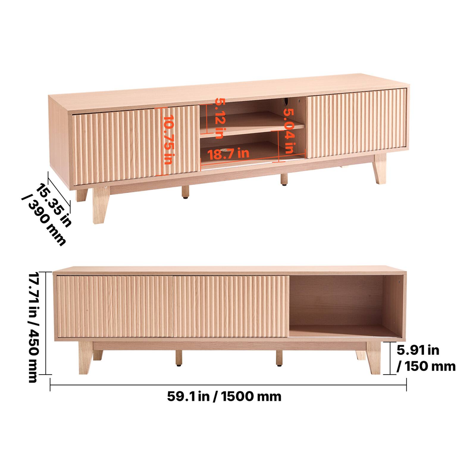 - 15.35 in / 390 mm
- 17.71 in / 450 mm
- 5.12 in
- 5.04 in
- 10.75 in
- 18.7 in
- 59.1 in / 1500 mm
- 5.91 in / 150 mm