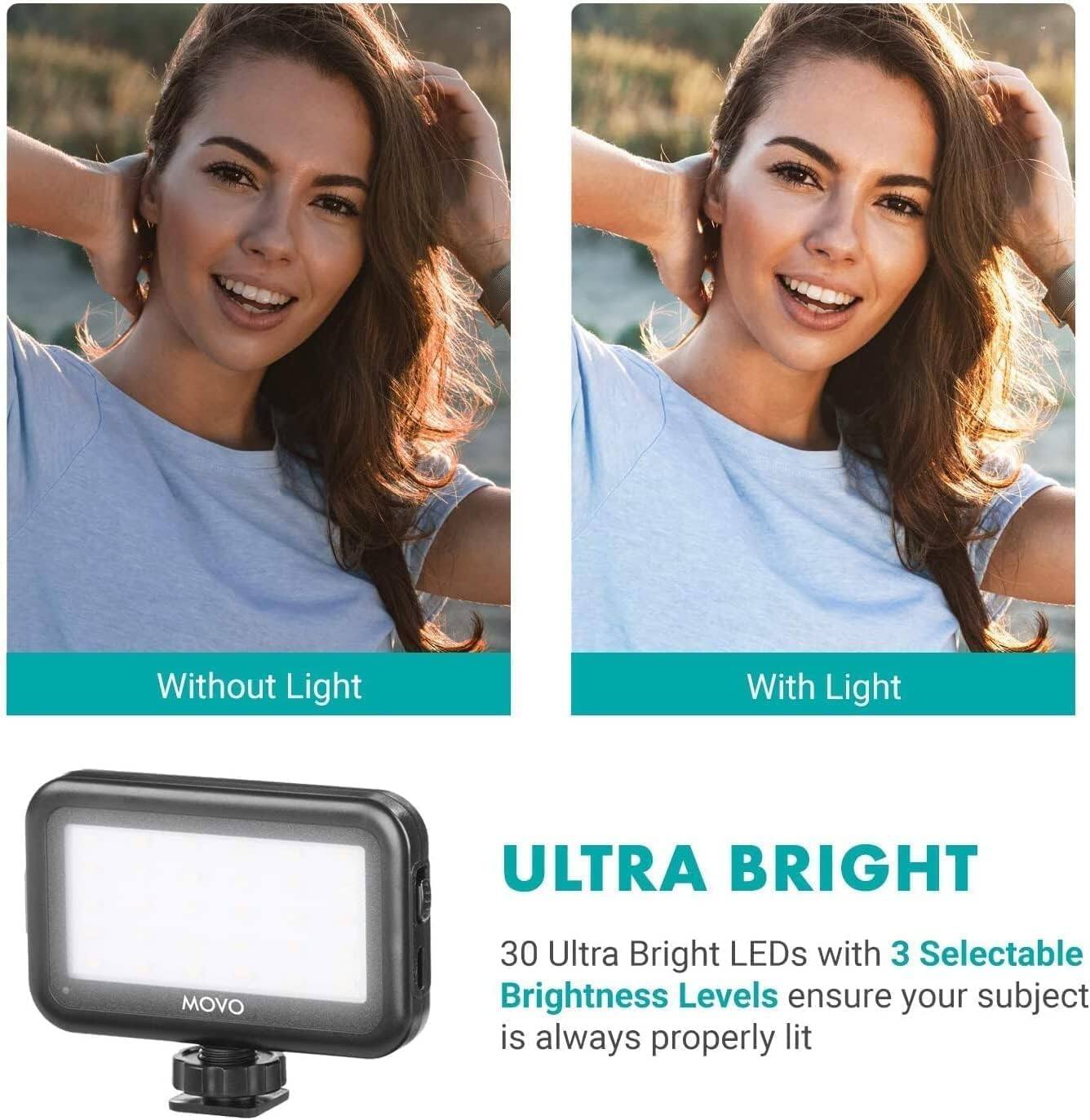 Without Light  
With Light  

ULTRA BRIGHT  
30 Ultra Bright LEDs with 3 Selectable Brightness Levels ensure your subject is always properly lit