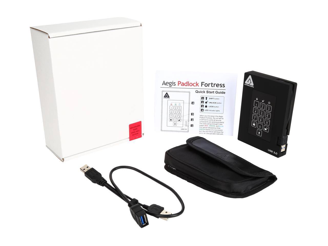 Aegis Padlock Fortress Quick Start Guide

1. SHIFT button
2. UNLOCK button
3. LOCK button
4. LED indicator light

When you first plug the Padlock in, the LED indicator light will go through a series of tests. Any test failure will lead to an error message.

Aegis Padlock Fortress

USB 3.0