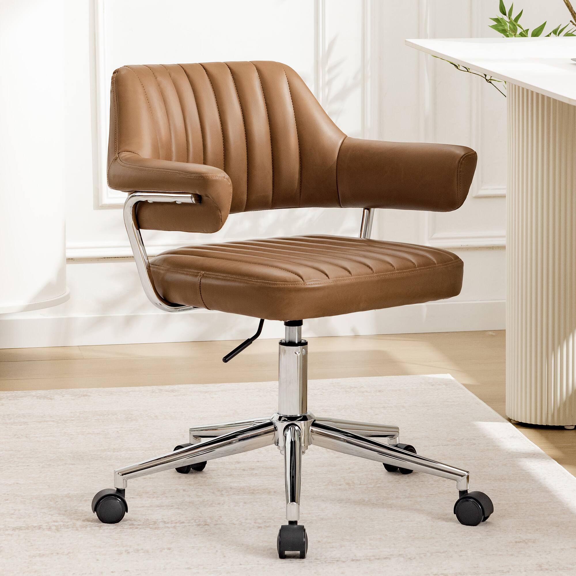 Alt View 6. KERDOM - Swivel Upholstery Vanity Chair with Arms, Adjustable Height Desk Chair for Home Office Study Makeup Dresser, PU Leather - Camel-1PC.