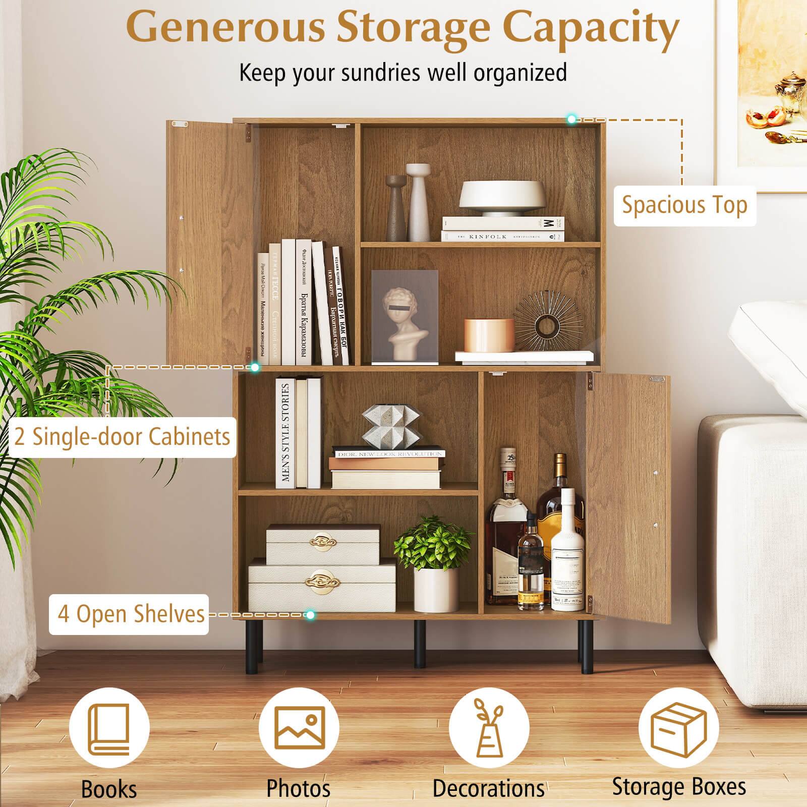 Generous Storage Capacity  
Keep your sundries well organized  

2 Single-door Cabinets  
4 Open Shelves  

Spacious Top  

Books  
Photos  
Decorations  
Storage Boxes