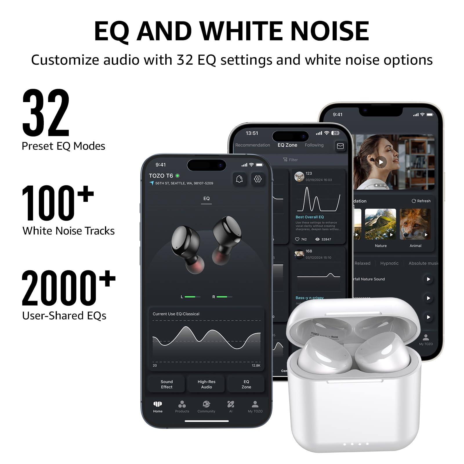 EQ AND WHITE NOISE
Customize audio with 32 EQ settings and white noise options

32 Preset EQ Modes
100+ White Noise Tracks
2000+ User-Shared EQs

TOZO T6
9:41
13:51
Recommendation
Eo Zone
Following
Filter
123
TOZO T6
SATR/rA
10
BETH SEAFTE WIA
98107-5200
EQ
dation
Refresh
Best Overal EQ
- Tase -
ahanos cherg wu pe
White Tracks
shasmess
- aOU Noise
TAT
17BA7
Nature
Animal
03/12/2024
v5:50
Relased
Hypnotic
Absolute muti
Hlal nature Sound
20
Bass-y o erso
Current use EQ-Classical
EQs
My Ta
20
1EK
Con
Sound Effect
High-Res Aundia
E Zune
stome inoducts
Communits
A
My TOO