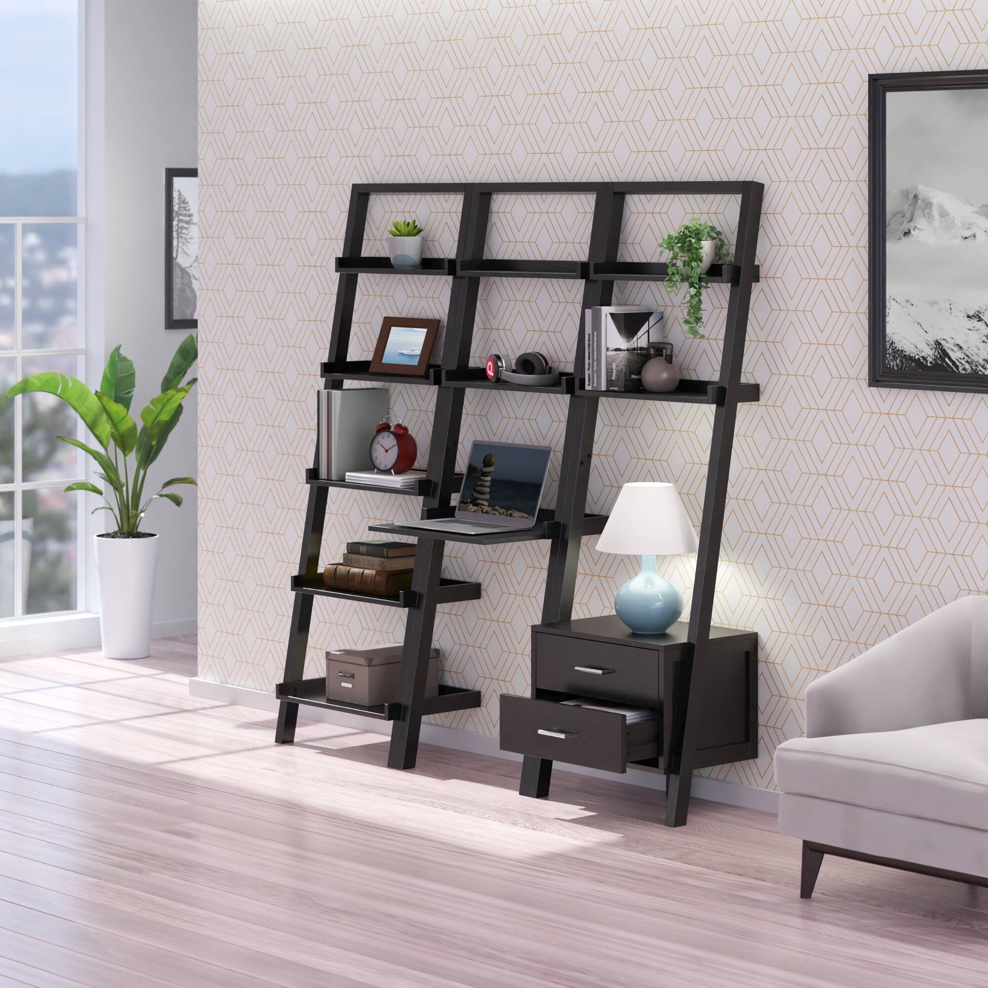 Alt View 9. Winsome Wood - Bellamy 3-Pc Leaning Desk & Shelf Set - Black.