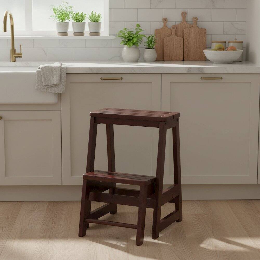 Back. FurniFact - Solid Wood Two-Step Stool - Walnut.