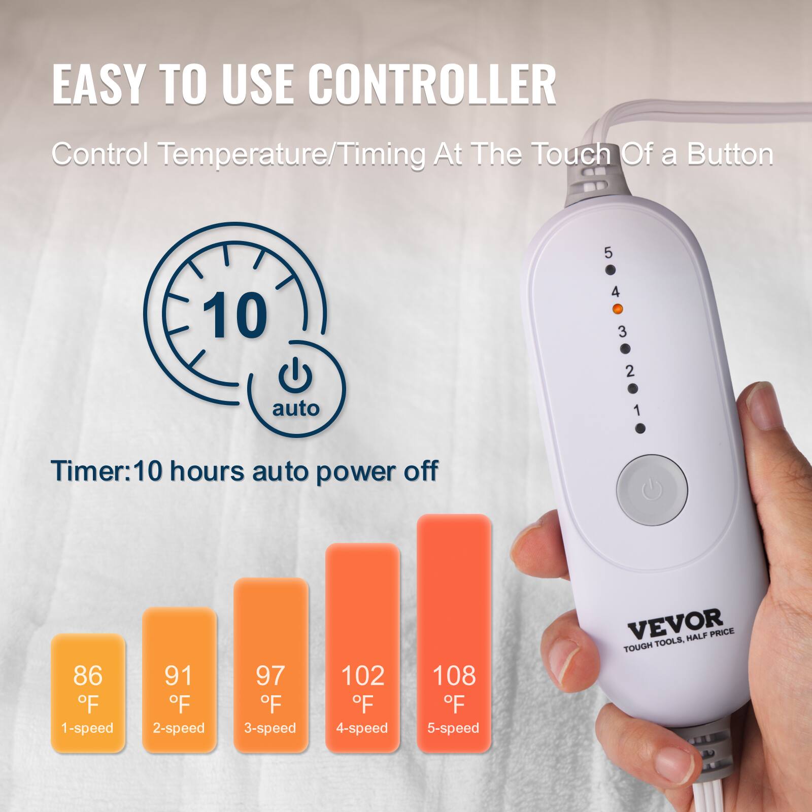 EASY TO USE CONTROLLER  
Control Temperature/Timing At The Touch Of a Button  

Timer: 10 hours auto power off  

86°F 1-speed  
91°F 2-speed  
97°F 3-speed  
102°F 4-speed  
108°F 5-speed  

VEVOR TOOLS  
TOUGH TOOLS, HALF PRICE