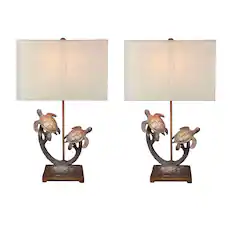 Front. Chesapeake Bay - Set of 2 Double Sea Turtle Table Lamps Coastal Nautical Resin 27.75" w/Shades - Brown.