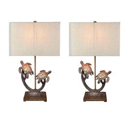 Things2Die4 - Set of 2 Double Sea Turtle Table Lamps Coastal Nautical Resin 27.75" w/Shades - Brown