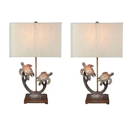 Front. Things2Die4 - Set of 2 Double Sea Turtle Table Lamps Coastal Nautical Resin 27.75" w/Shades - Brown.