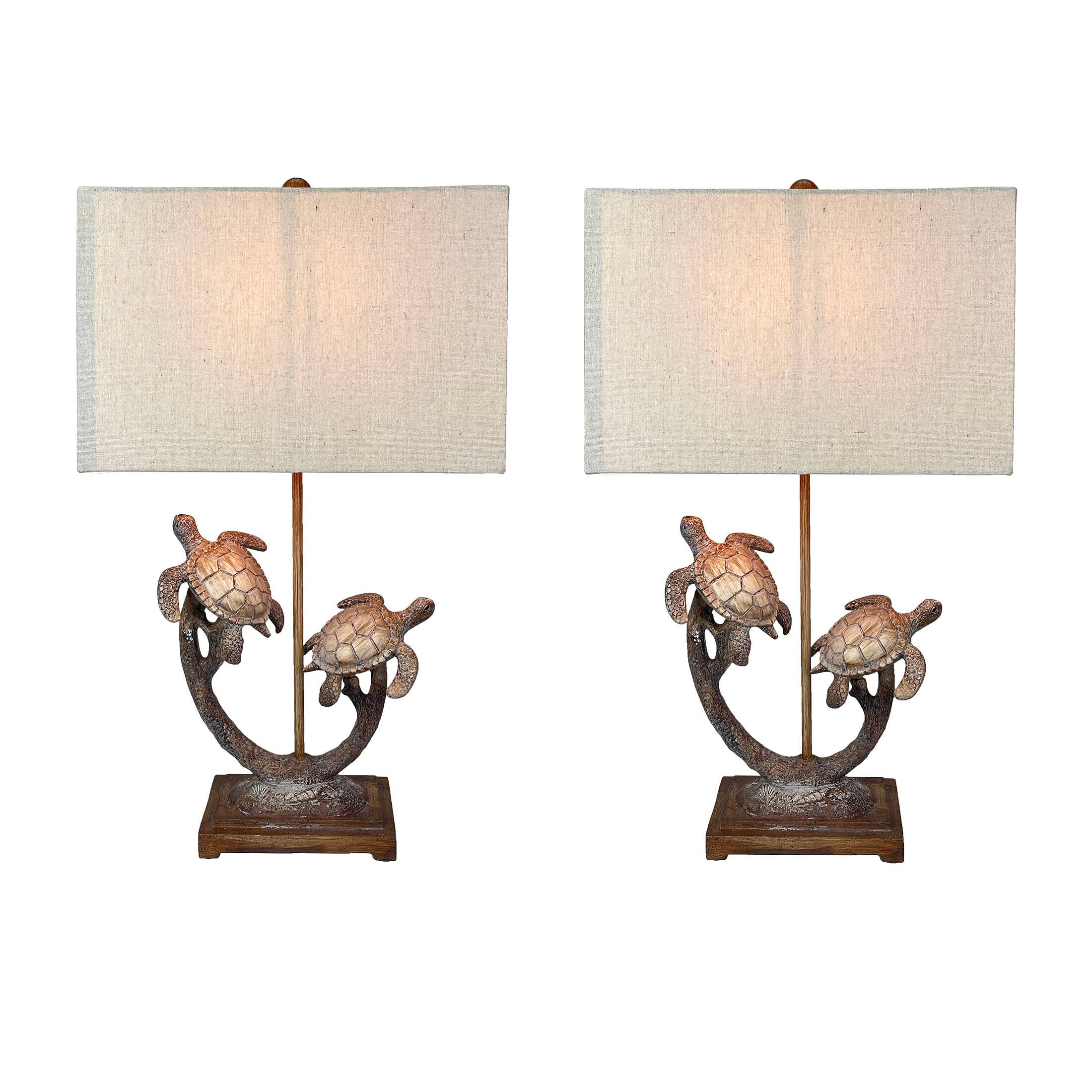Front. Things2Die4 - Set of 2 Double Sea Turtle Table Lamps Coastal Nautical Resin 27.75" w/Shades - Brown.