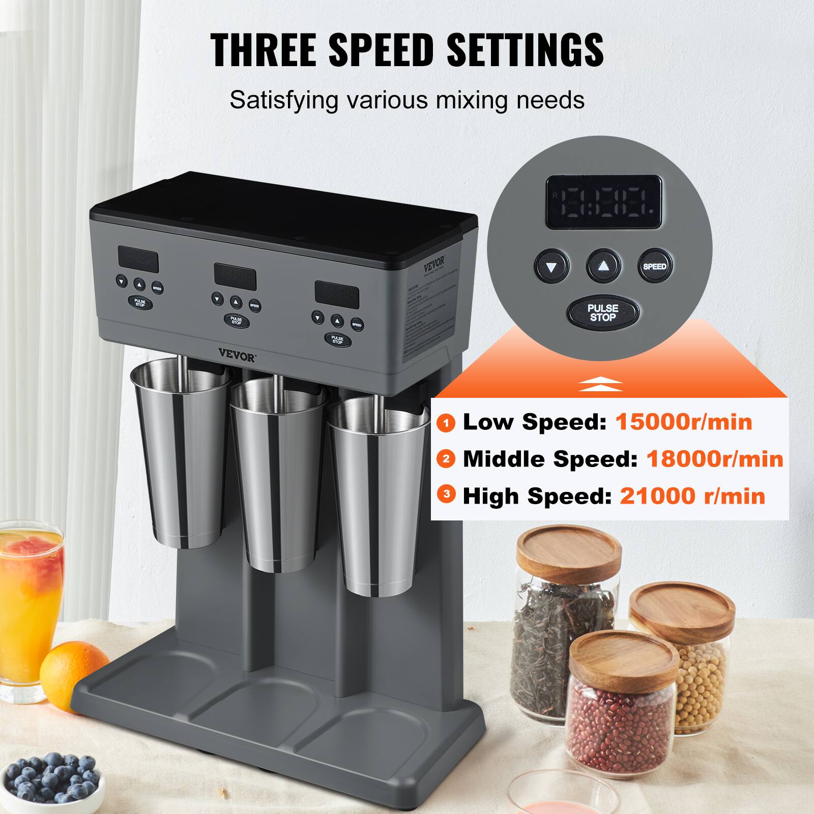 THREE SPEED SETTINGS  
Satisfying various mixing needs

1 Low Speed: 15000r/min  
2 Middle Speed: 18000r/min  
3 High Speed: 21000 r/min