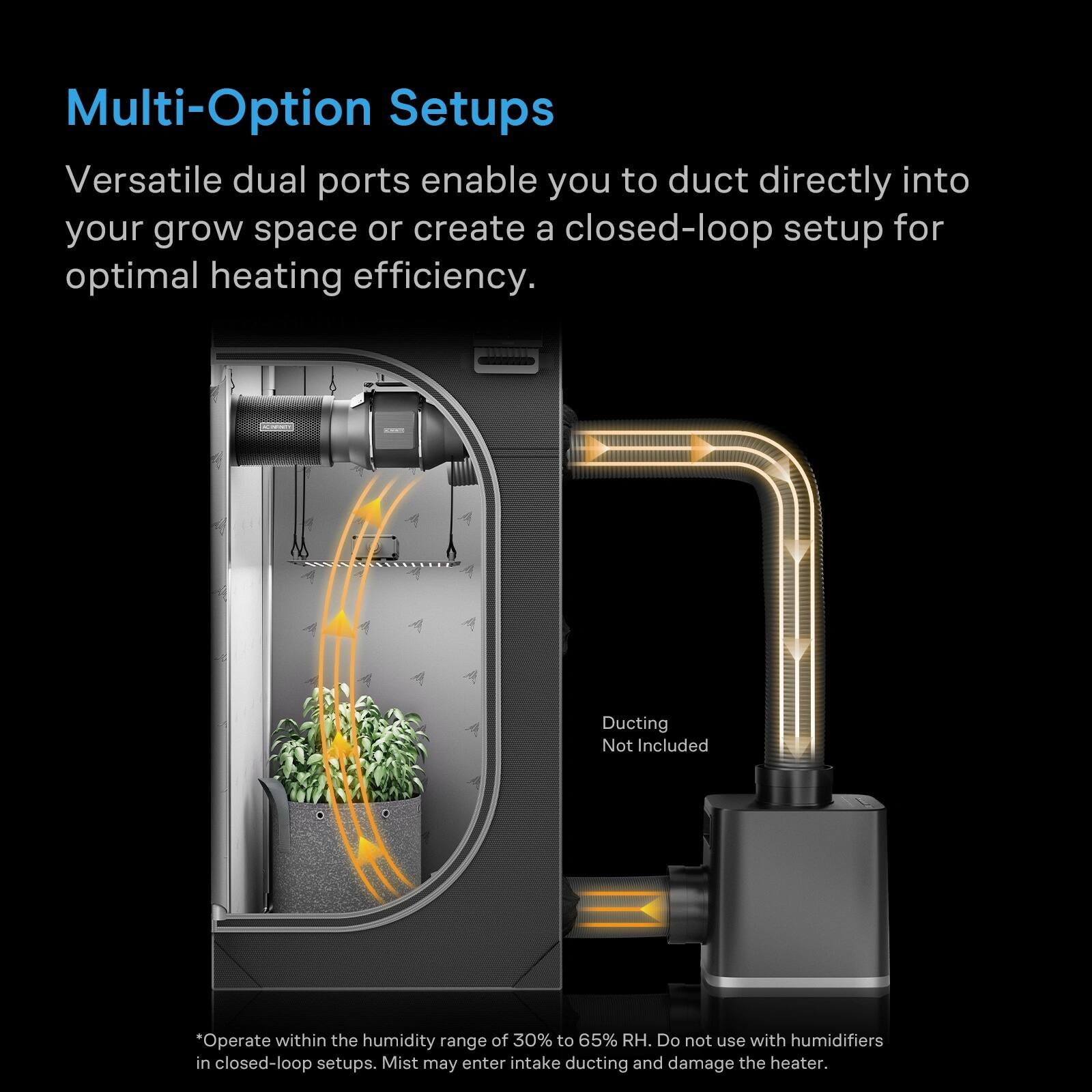 Multi-Option Setups  
Versatile dual ports enable you to duct directly into your grow space or create a closed-loop setup for optimal heating efficiency.  
Ducting Not Included  

*Operate within the humidity range of 30% to 65% RH. Do not use with humidifiers in closed-loop setups. Mist may enter intake ducting and damage the heater.