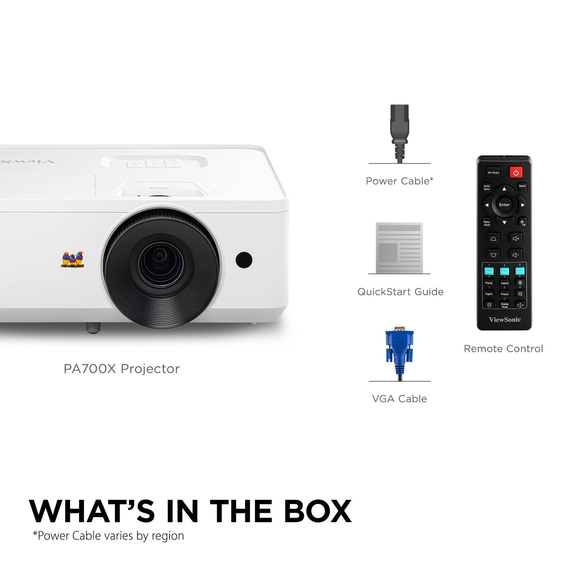 What's in the box:
1. Power Cable (varies by region)
2. QuickStart Guide
3. Remote Control
4. Projector
5. VGA Cable