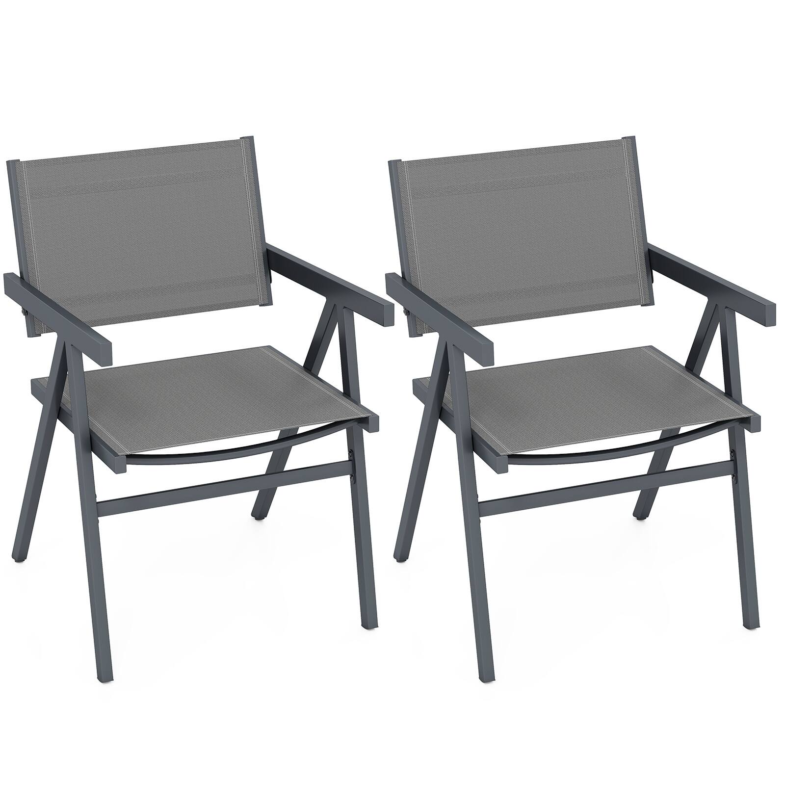 Front. Gymax - Gymax Patio Chairs Set of 2 w/Breathable Fabric Seat & Tilt Backrest Comfy Armrest - Gray.