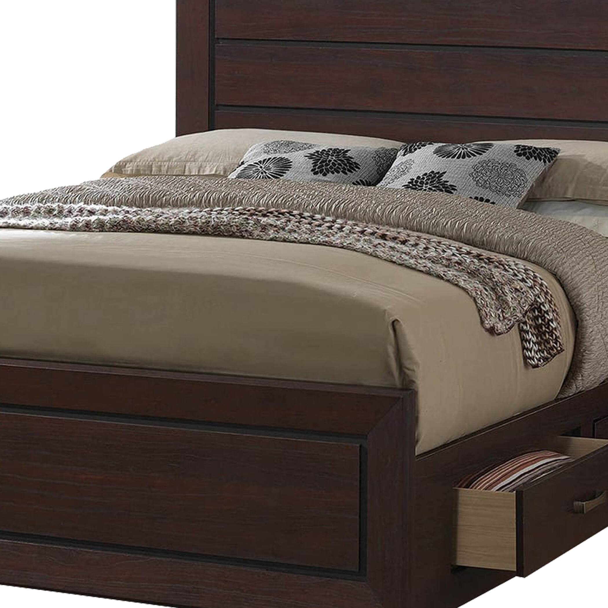 Alt View 2. Manhattan Lane - Wooden Queen Size Bed with 4 Spacious Side Rail Drawers - Brown.