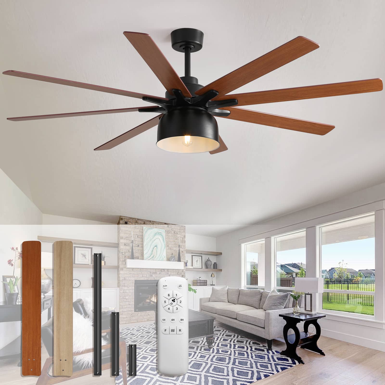 Sofucor - Farmhouse Ceiling Fan with Light and Remote Reversible DC Dual Finish 8 Blade Wood Caged Ceiling Fan Indoor/Outdoor - 52inch - Black-Dual Finish Blades