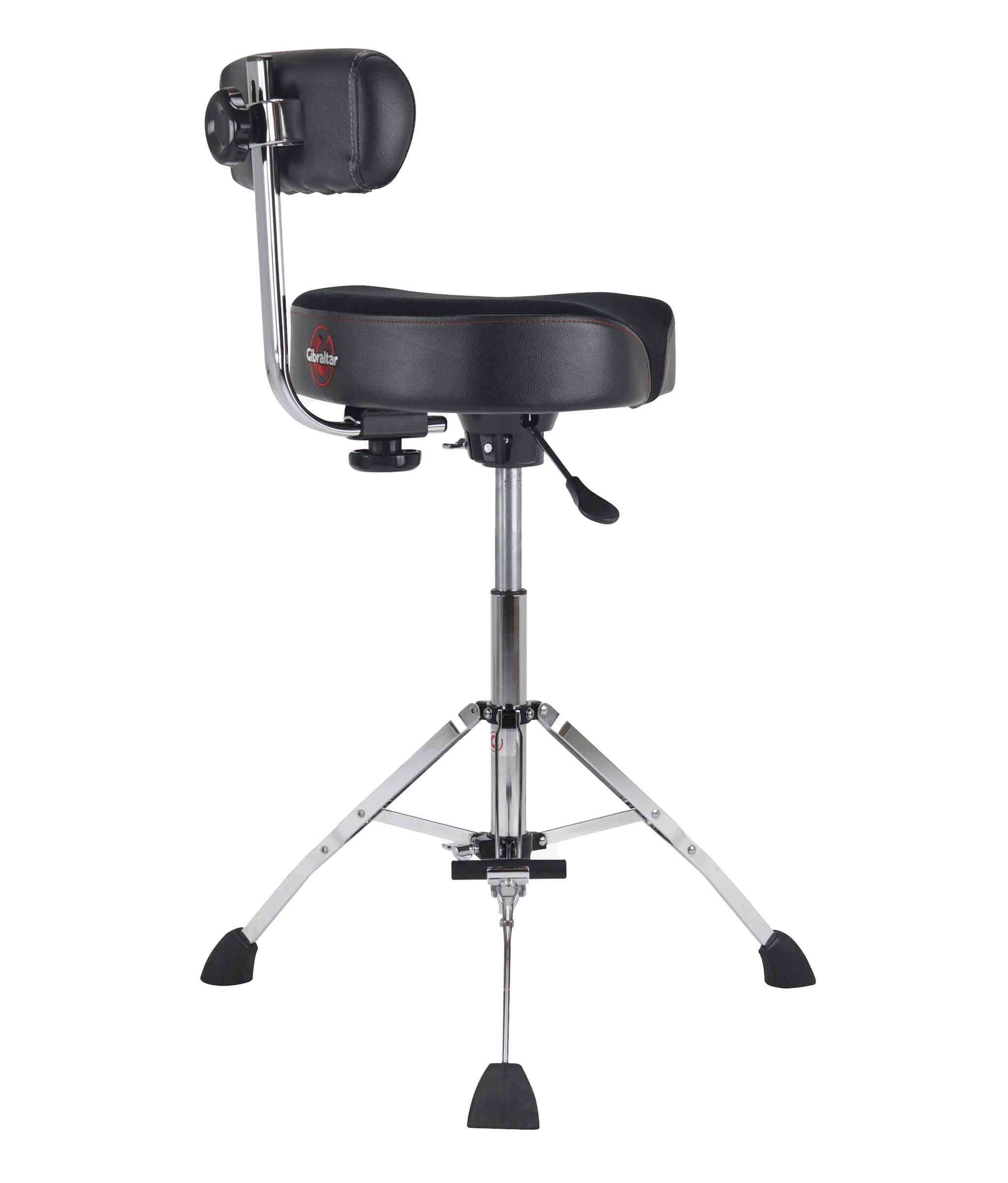 Left. Gibraltar Hardware - Tall Hydraulic Saddle Drum Throne, with One-Touch Hydraulic Lift, 17" Cordura Cloth Seat for Comfort.
