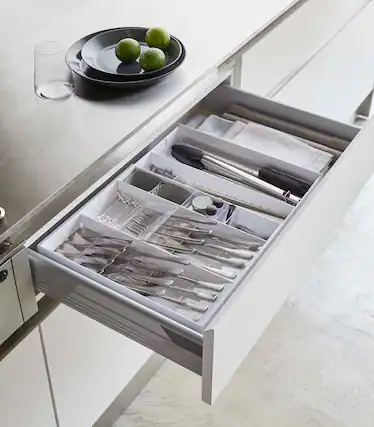 Front. Yamazaki Home - Expandable Cutlery Organizer - Large - white.