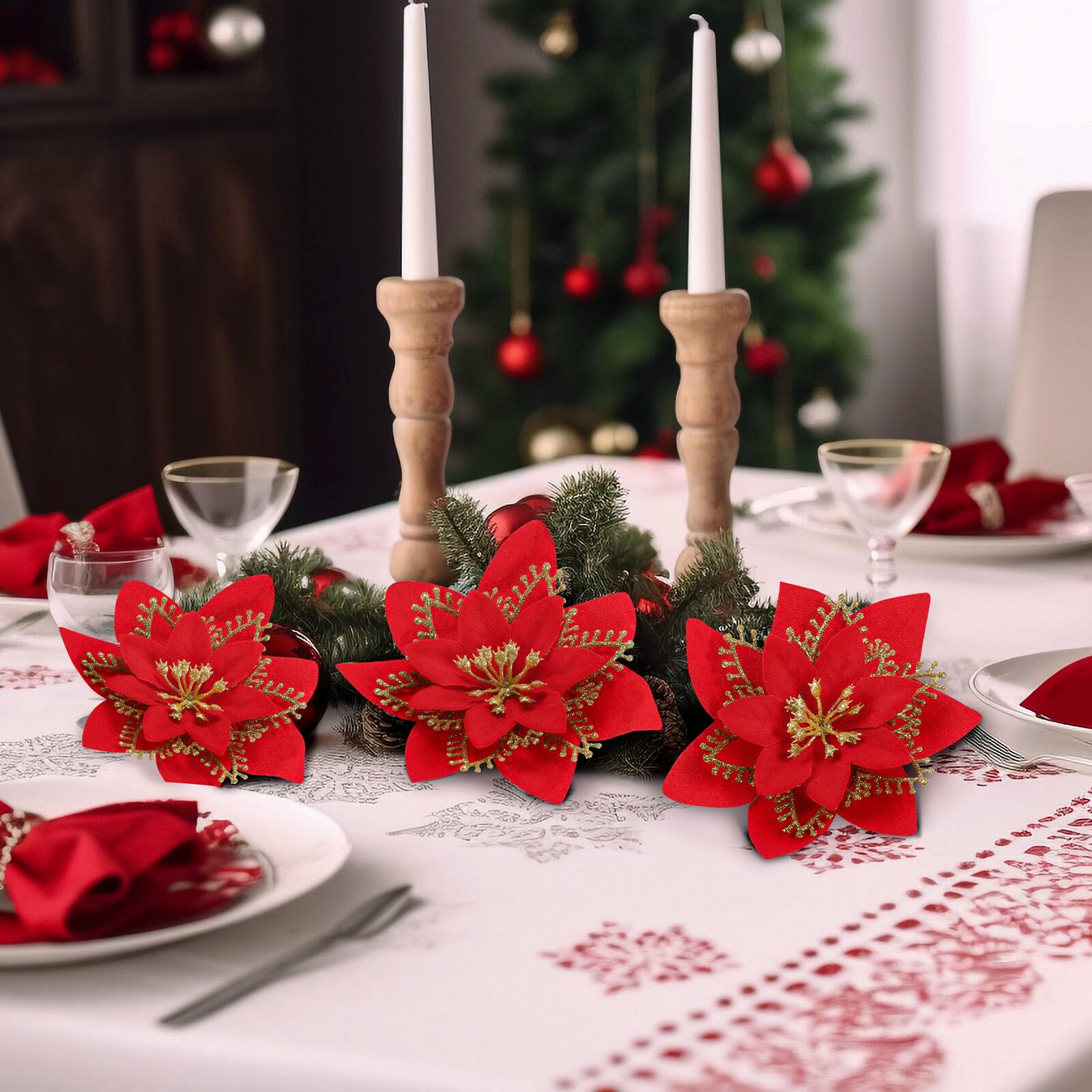 Front. Oumilen - 12 Pcs Christmas Poinsettia Flowers – Red Gold Glitter Ornaments with Clips & Stems for Xmas Tree Wreath - Red.