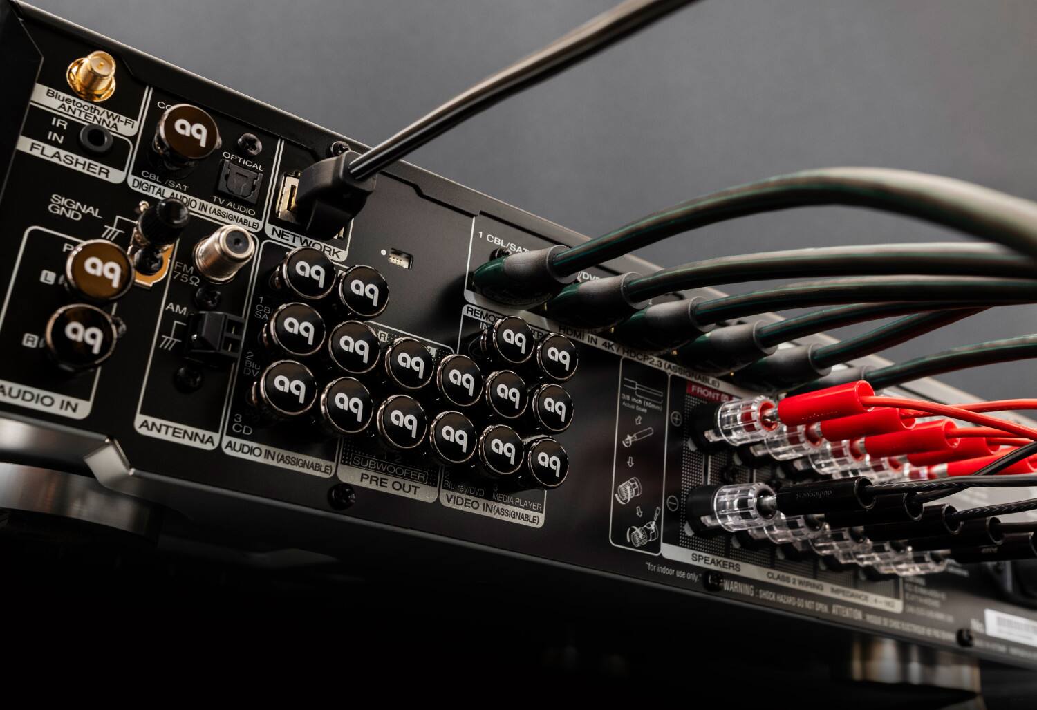 Bluetooth/Wi-Fi CO IR IN aq FLASHER CBL OPTICAL DIGITAL /SAT ALIDIO TV GND SIGNAL IN (ASSIGNABLE) AUDIO TIT NETWORK 1 CBL/SA P FM 1 B a 758 a9 1 pp AM SA CB REMO R aq TIT a R aq TF HOMI IN 4K a a9 4K/ROCP23 Blu aq DV (ASSGALE) AUDIO pp a9 aq FRONTE IN a9 a9 3 pp ANTENNA CD AUDIO a9 a9 IN (ASSIGNABLE) SUBWOOFER a9 PRE OUT Blu-ray:DVD VIDEO MEDIA PLAYER IN(ASSIGNABLE) Yor indoor SPEAKERS - only CLASS 2 WARNING SHOCK