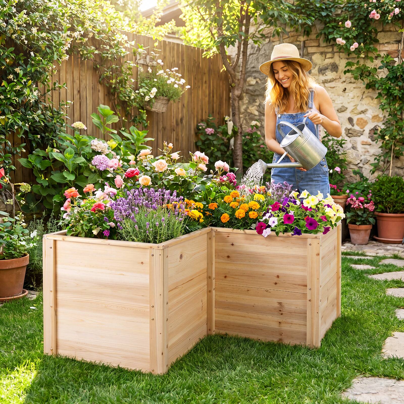 Alt View 1. Costway - 24'' L-Shaped Deep Root Planter Box Wooden Raised Garden Bed with Open-Ended Base - Natural.