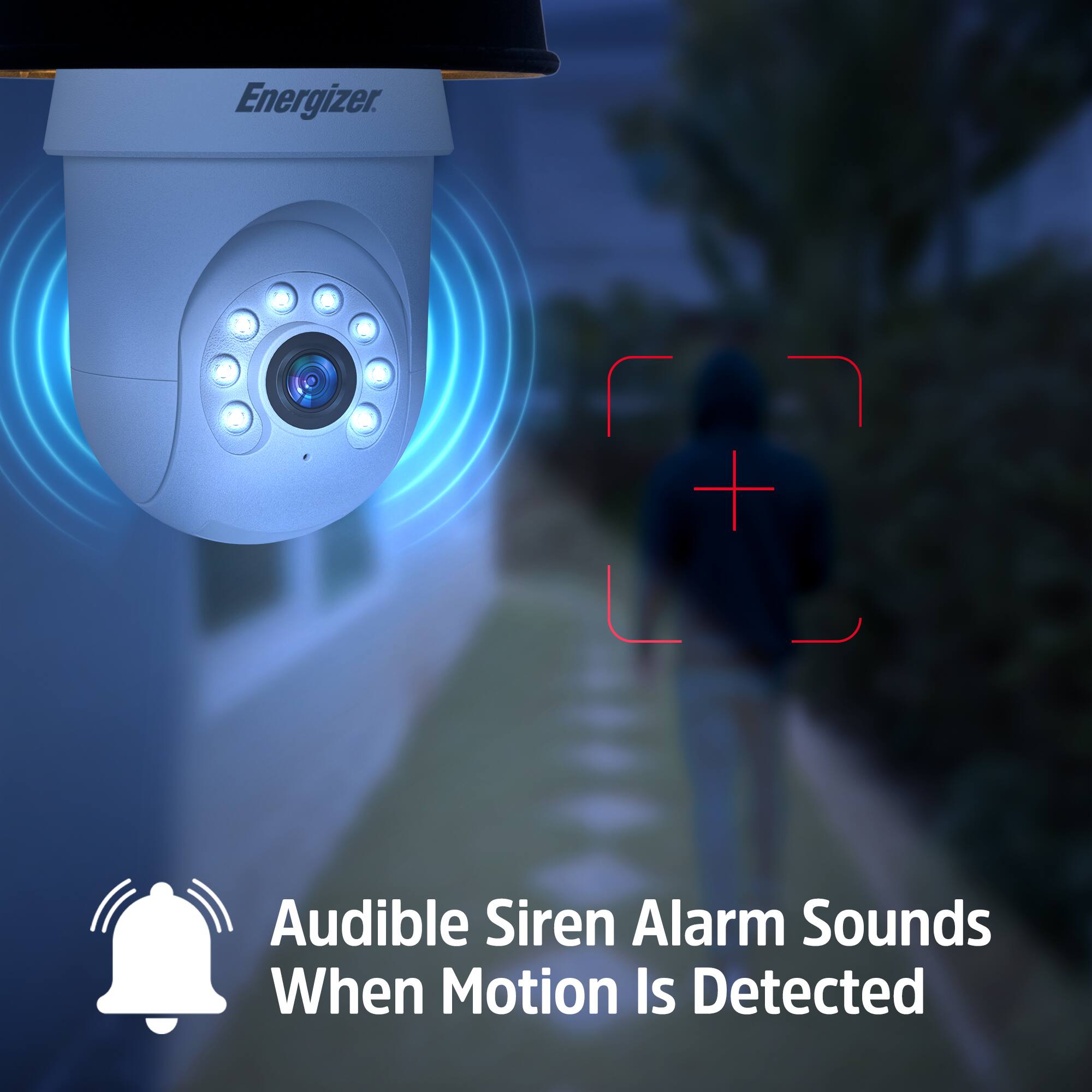 Energizer.  
Audible Siren Alarm Sounds When Motion Is Detected