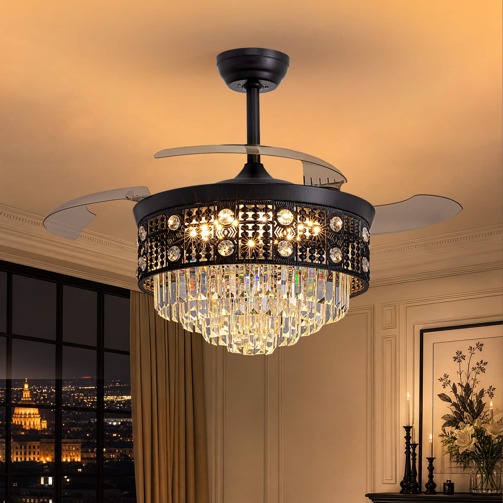 Siljoy - 48 Inch French Retro Crystal Ceiling Fan With Hidden Blades Adjustable Hanging Rod For Bedroom Living Room - Black price history on PriceWatchPro