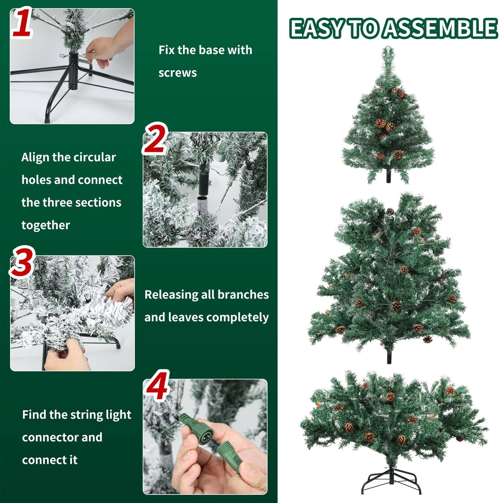 1. Fix the base with screws  
2. Align the circular holes and connect the three sections together  
3. Releasing all branches and leaves completely  
4. Find the string light connector and connect it