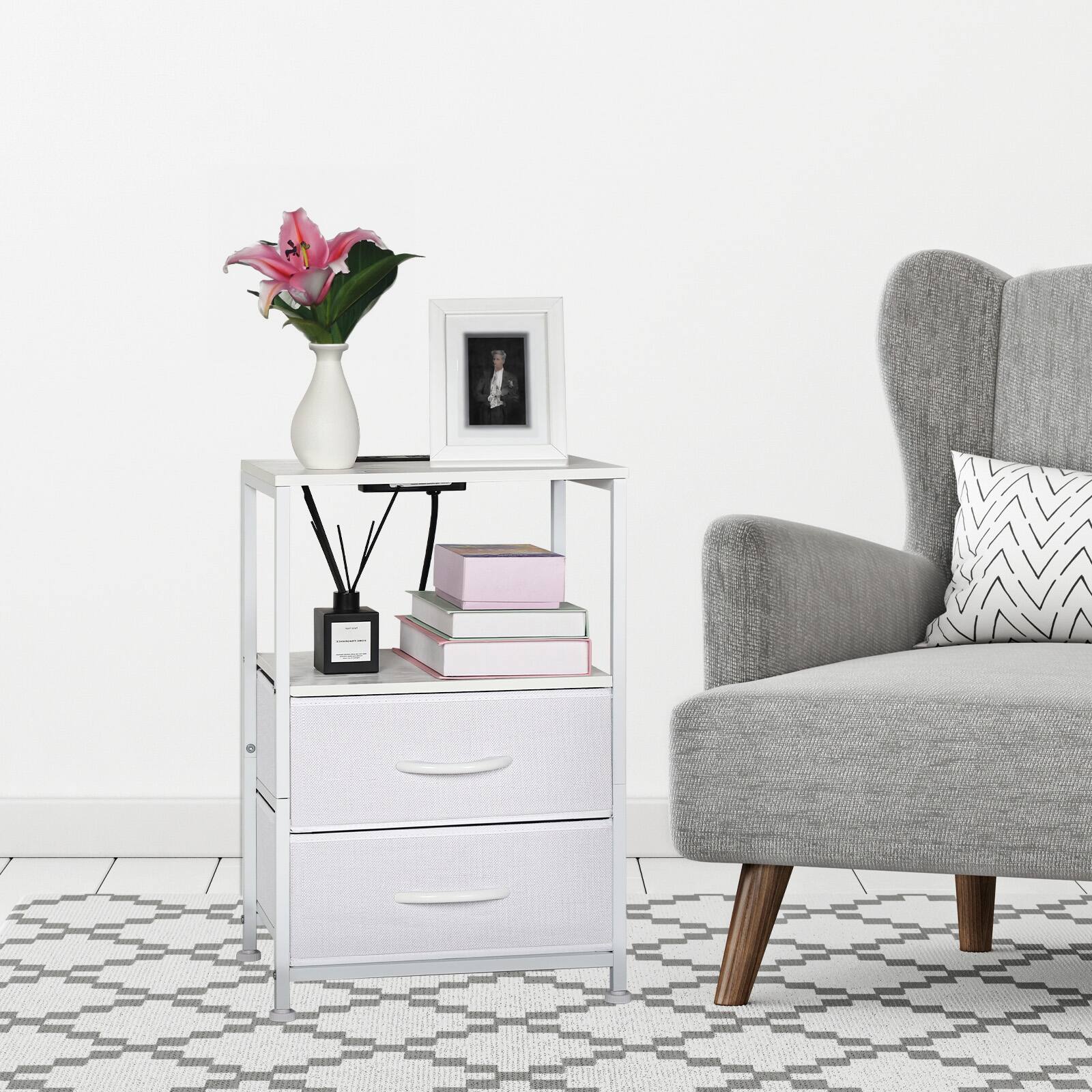 Angle. Oumilen - Set of 2 Nightstands with 2 Fabric Drawers & Charging Station, White - White.