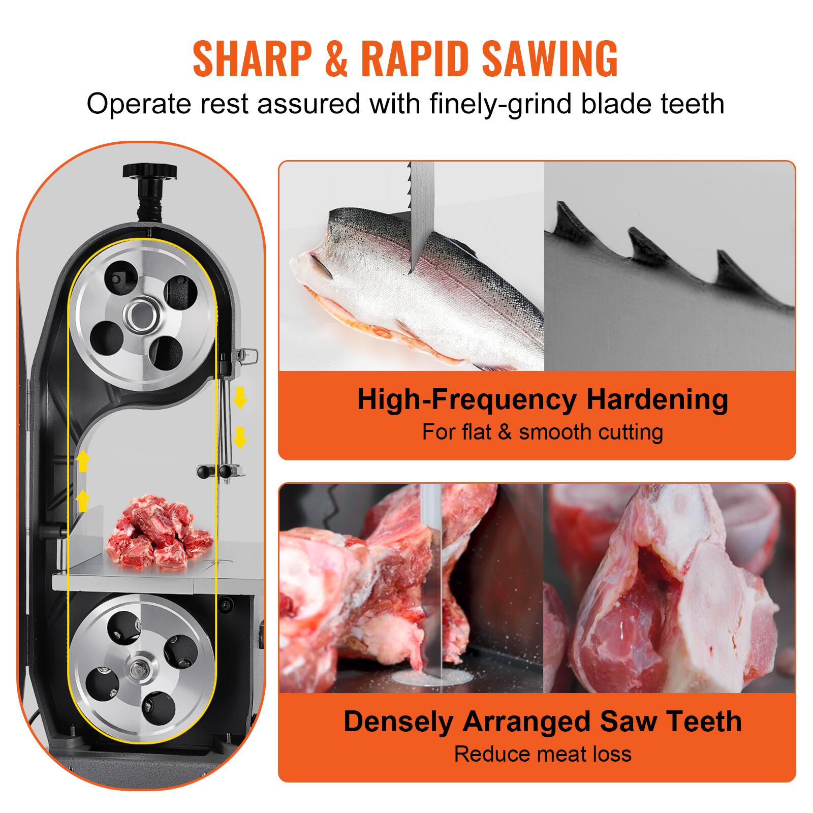 SHARP & RAPID SAWING  
Operate rest assured with finely-grind blade teeth  

High-Frequency Hardening  
For flat & smooth cutting  

Densely Arranged Saw Teeth  
Reduce meat loss
