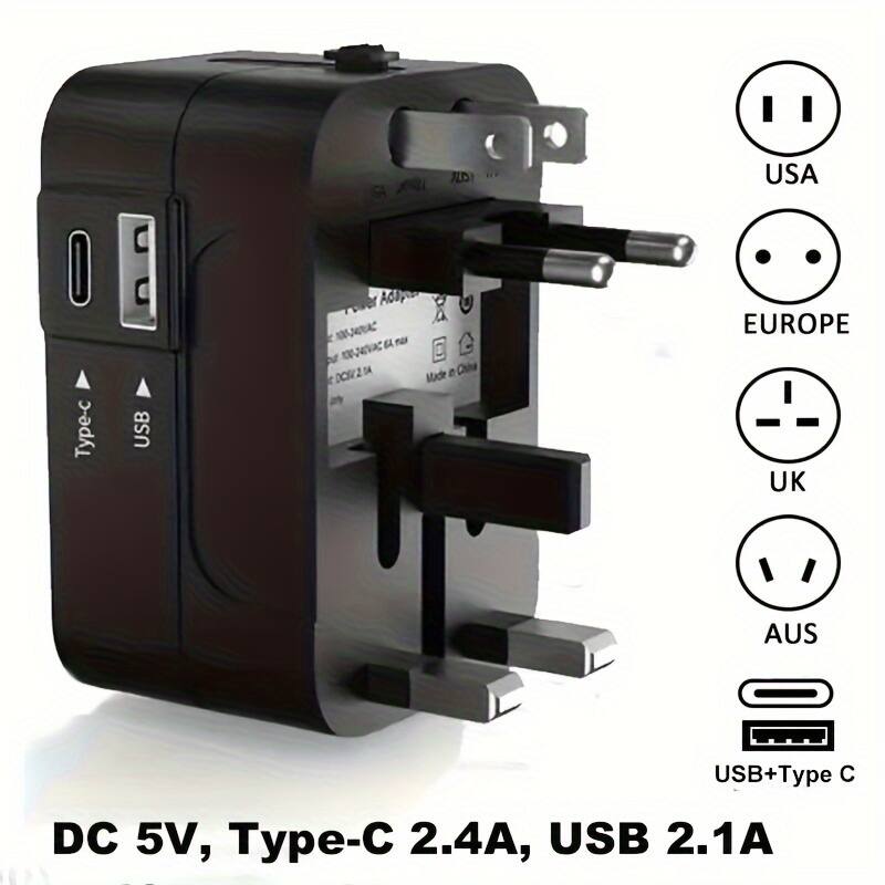 Acteck - All-in-One Travel Adapter with USB-C & USB Ports,2.4A Max Output. Worldwide Plug for USA, EU, UK, AUS - Black