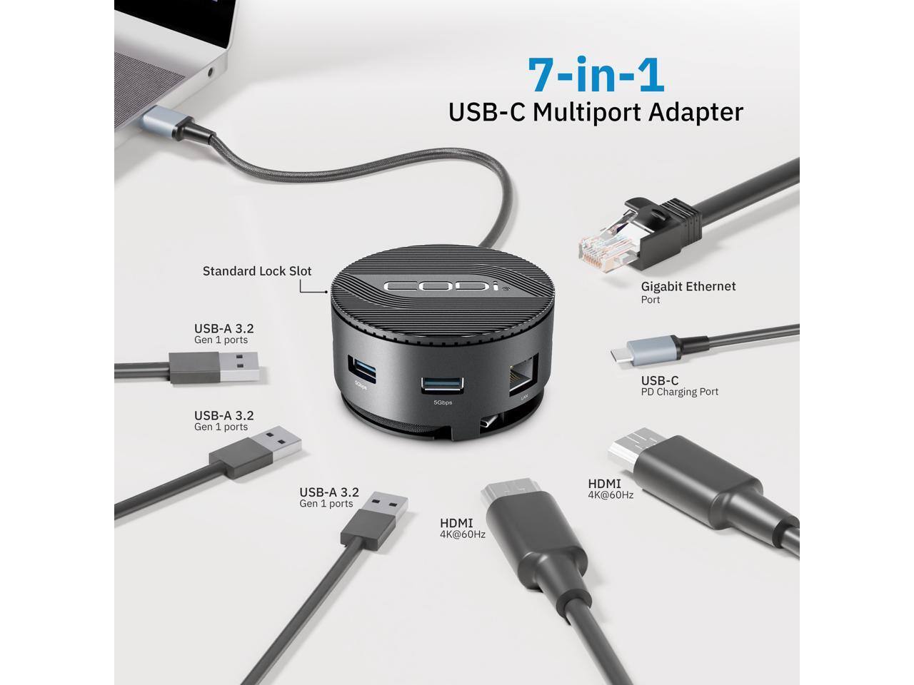 7-in-1 USB-C Multiport Adapter  
- Standard Lock Slot  
- Gigabit Ethernet Port  
- USB-A 3.2 Gen 1 ports  
- USB-C PD Charging Port  
- HDMI 4K@60Hz