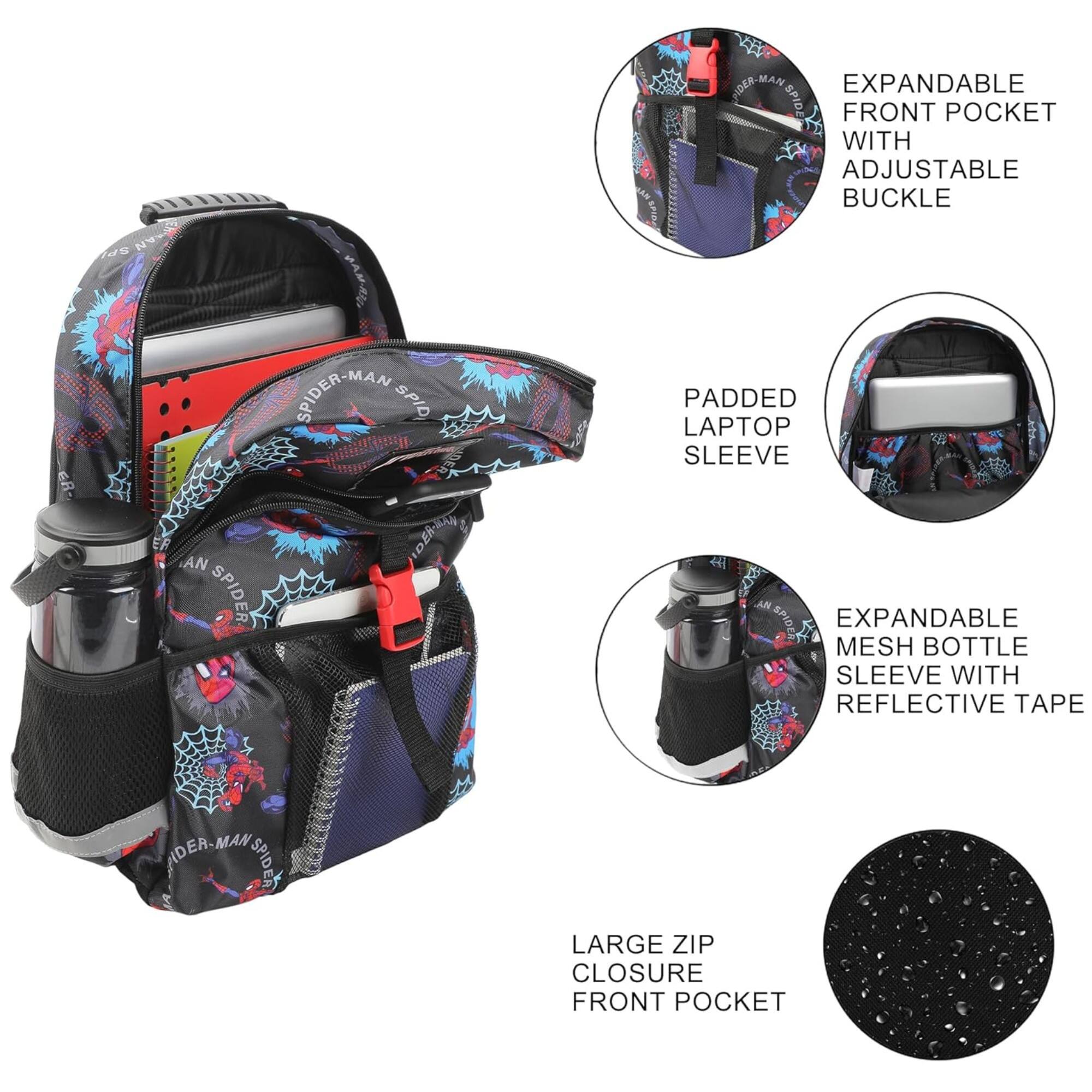 - SPIDER-MAN SPIDER-MAN EXPANDABLE HIDER
- FRONT POCKET WITH ADJUSTABLE BUCKLE
- PADDED LAPTOP SLEEVE
- EXPANDABLE MESH BOTTLE SLEEVE WITH REFLECTIVE TAPE
- LARGE ZIP CLOSURE FRONT POCKET