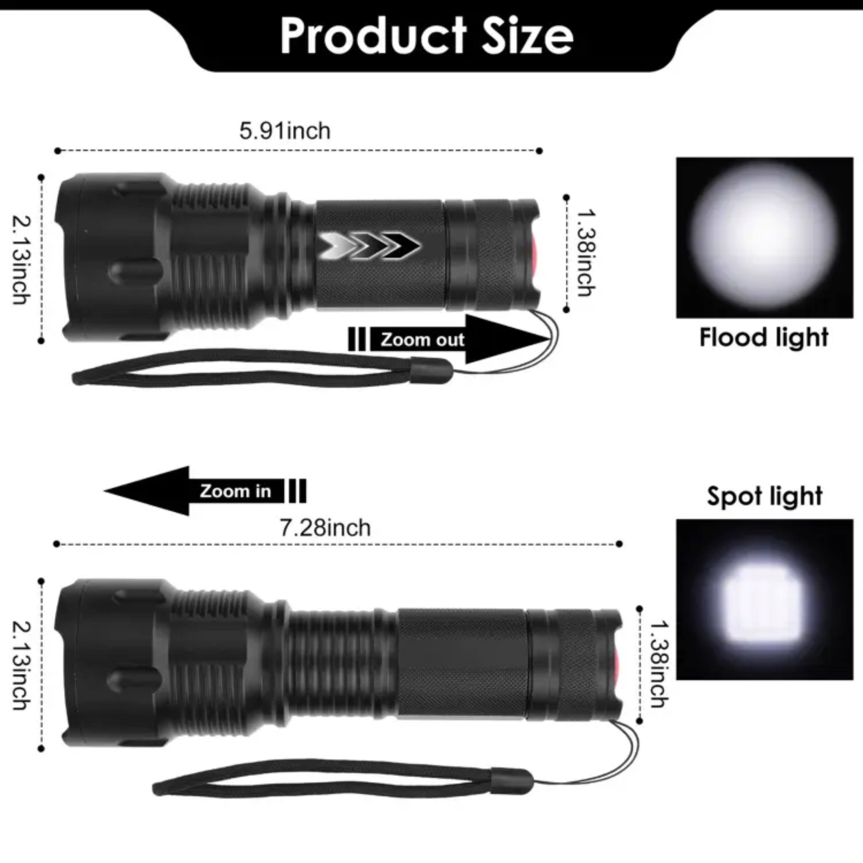 Product Size

- Zoom out: 5.91 inch
  - Diameter: 2.13 inch
  - Width: 1.38 inch
  - Flood light

- Zoom in: 7.28 inch
  - Diameter: 2.13 inch
  - Width: 1.38 inch
  - Spot light