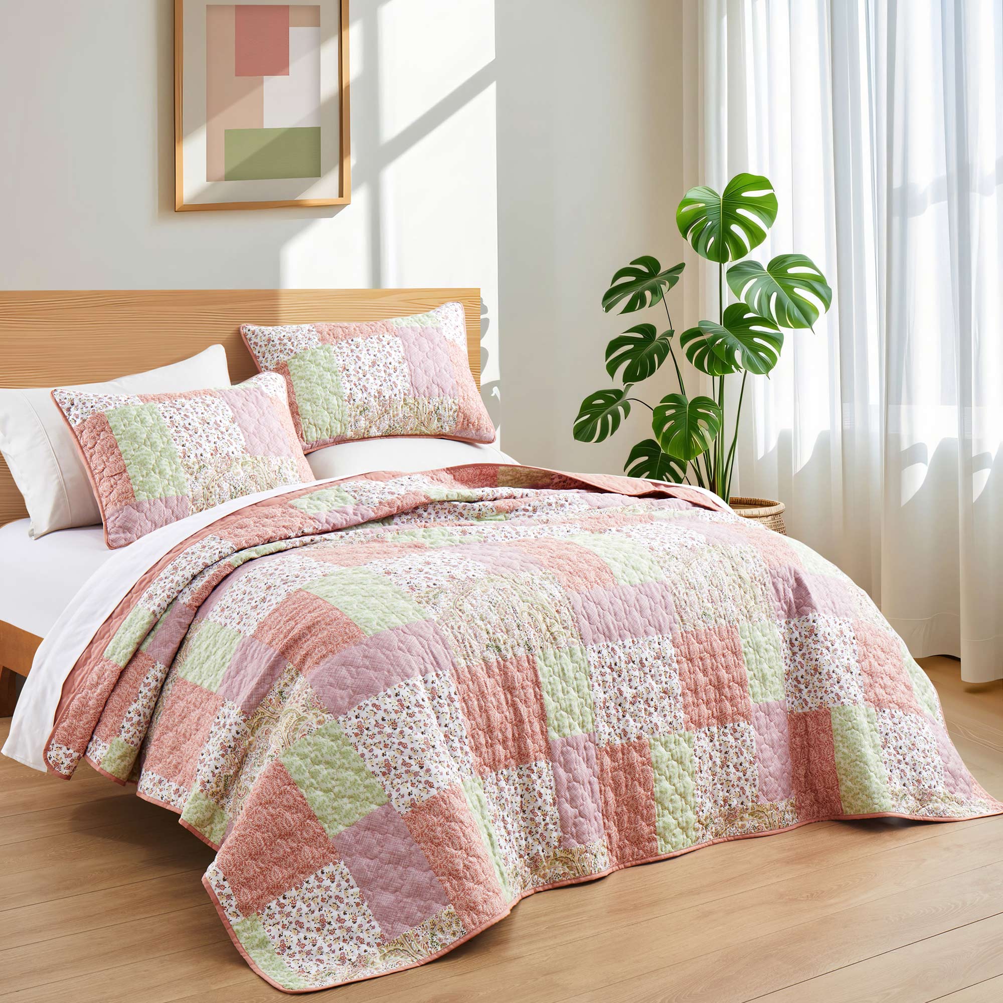 Angle. Nest - Peace Nest Soft Printed Coverlet Set Floral Geometric Bedspread Modern Reversible Quilt and Shams Set - Tropical flower.