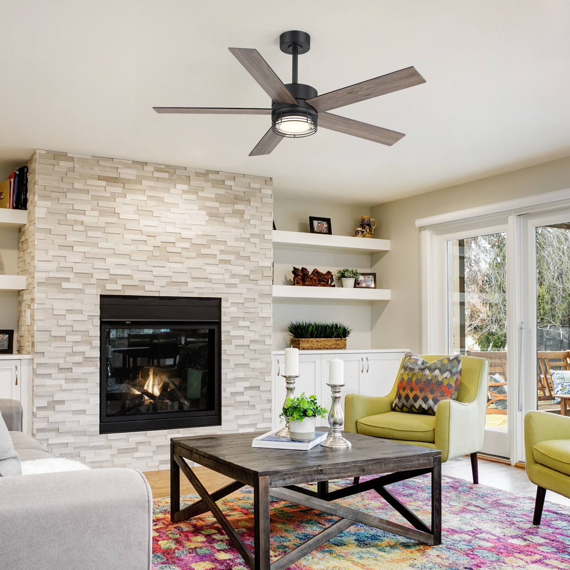 Alt View 4. Breezary - 52-Inch LED Ceiling Fan with 5 Reversible Blades, Dimmable 3-Color Light, Quiet DC Motor & Remote, 6&10" Downrods - Black and wood grain finish.