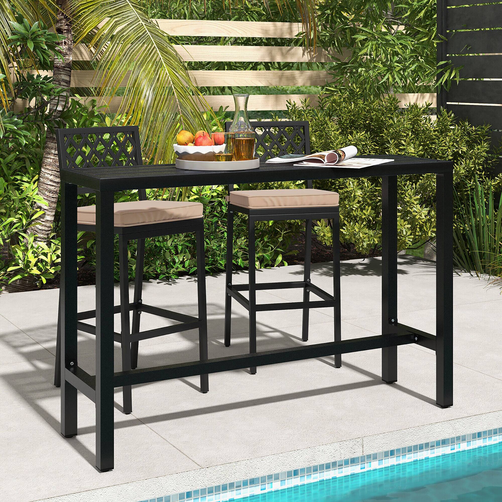 Alt View 2. Gymax - Gymax 3PCS Outdoor Metal Bar Table & Chairs Set Patio Dining Table Set w/ Cushion - Black + Beige.