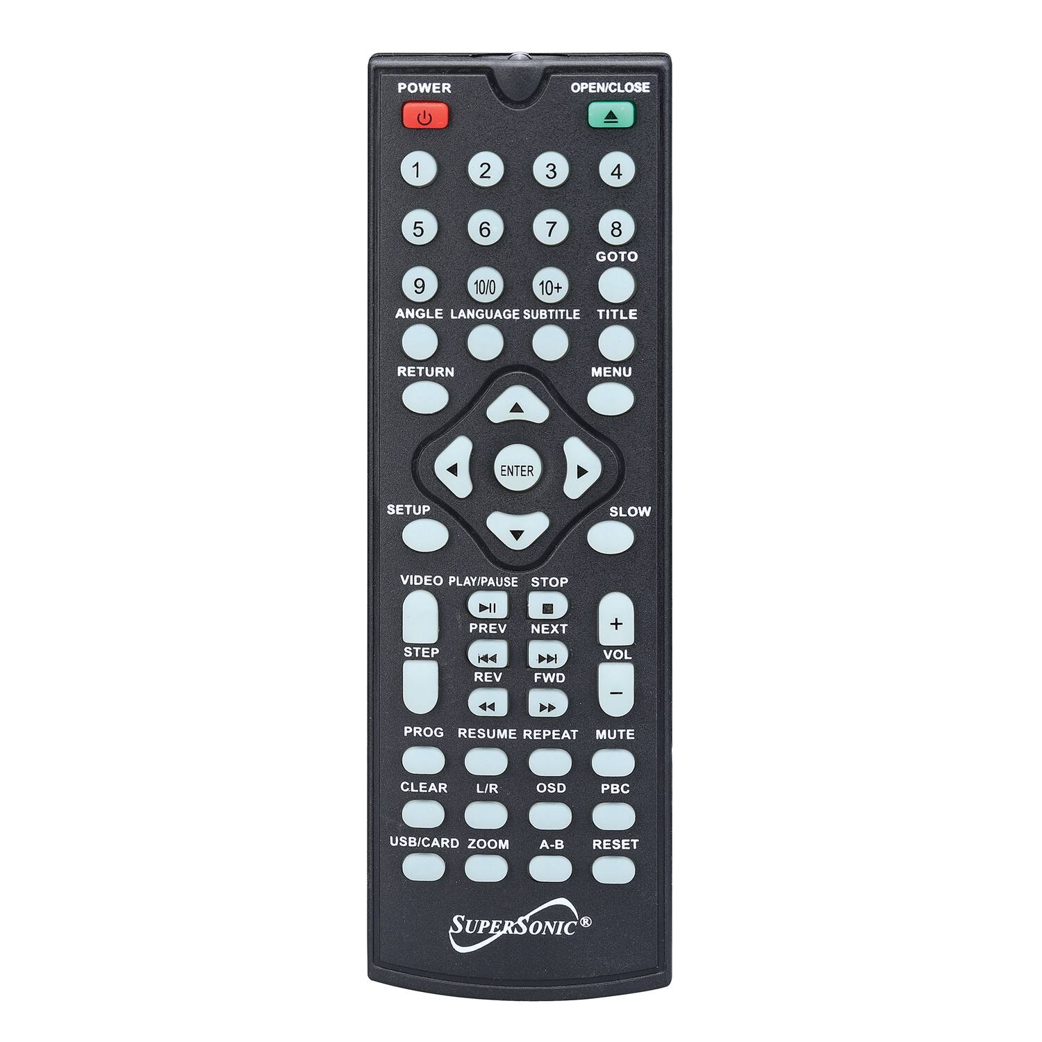 POWER OPEN/CLOSE  
1 2 3 4 5 6 7 8  
GOTO 9 10/0 10+  
ANGLE LANGUAGE SUBTITLE TITLE RETURN MENU ENTER SETUP SLOW  
VIDEO PLAY/PAUSE STOP l PREV NEXT + STEP 1 REV FWD VOL I >>  
PROG RESUME REPEAT MUTE CLEAR L/R OSD PBC USB/CARD ZOOM A-B RESET  
SUPERSONIC 80